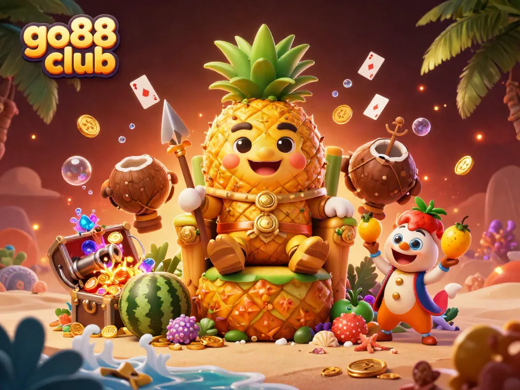 Experience the vibrant theme of the go88 club with a golden pineapple king and tropical elements in this lively 3D casino illustration.