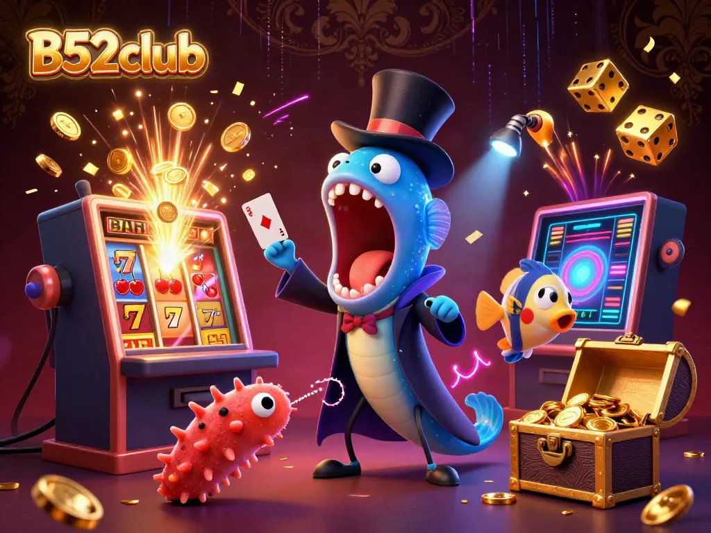 B52club highlights engaging card tricks by a deep-sea eel, surrounded by vibrant casino elements.