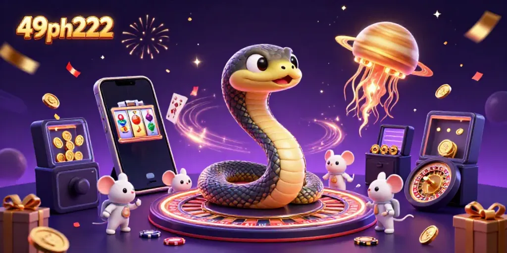 Betting on slots with 49ph222 in a cosmic casino scene with lively cartoon characters.