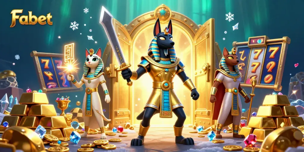 Engage with Fabet's thrilling slot action featuring Anubis and Bastet in an energetic casino scene.