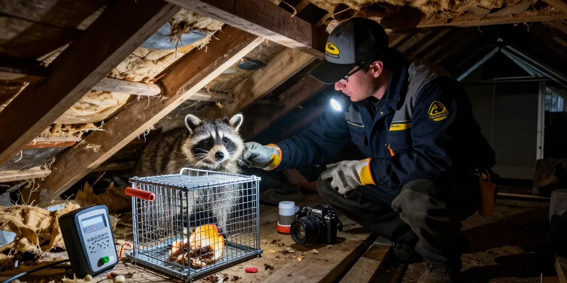 Raccoon Removal Toronto expert assessing attic signs of infestation with safety gear and tools.