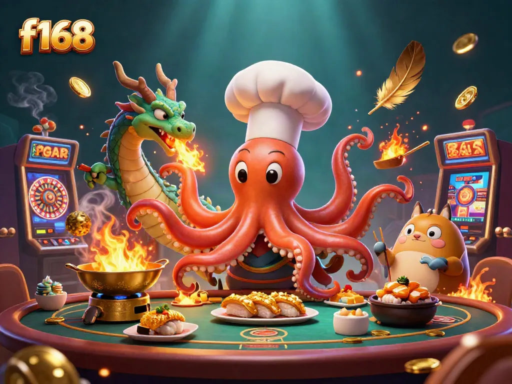 Experience thrilling gaming action with f168's vibrant octopus chef and dragon companions in a dynamic casino scene.