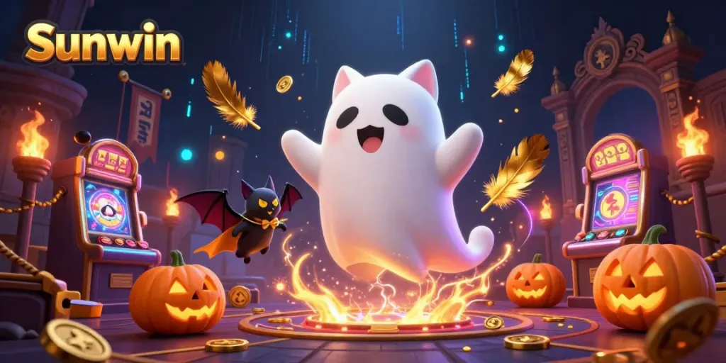 Sunwin brings excitement with a friendly ghost cat and bat in a haunted casino scene.