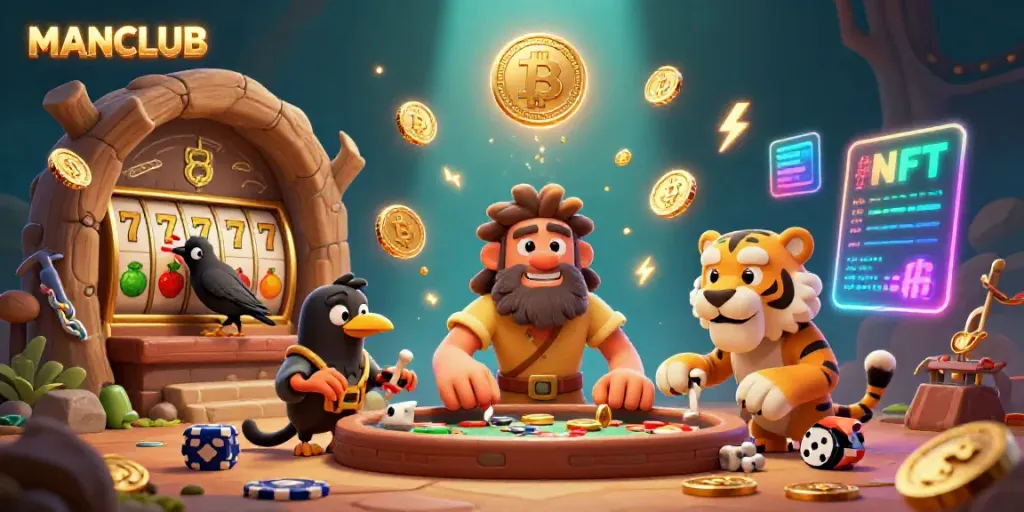 Engage with MANCLUB's thrilling prehistoric casino showcasing stone poker chips, lucky fruit symbols, and vibrant gold coins.