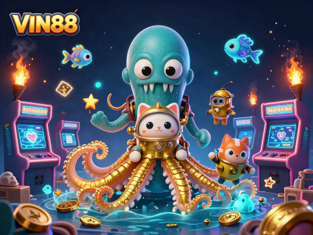 Engage with VIN88's colossal kraken and diving cat in an enchanting casino adventure.