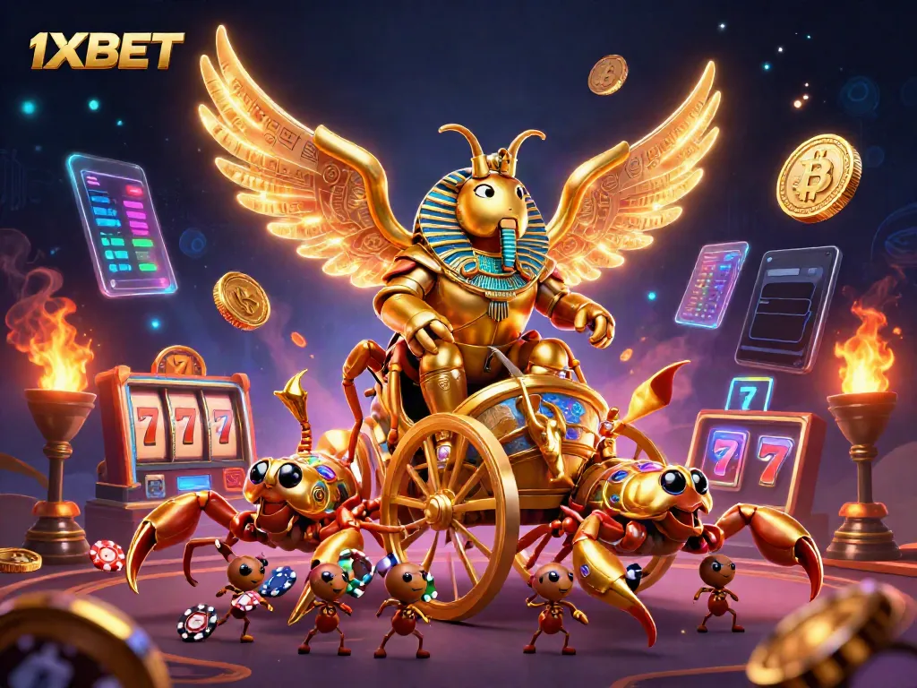 Engage in thrilling gameplay at 1XBET with a vivid illustration of a golden scarab in a vibrant casino setting.