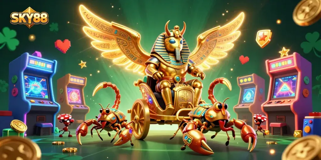 Experience exciting gaming at SKY88 with a vibrant 3D scene featuring unique characters and casino icons.