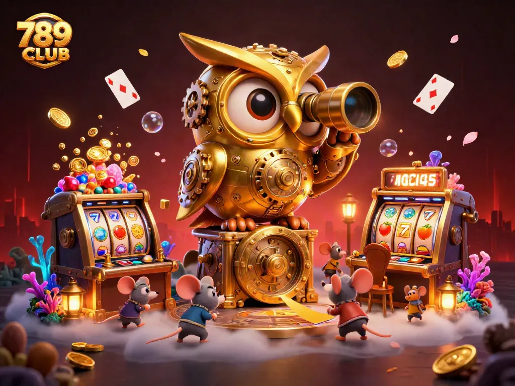 Experience 789CLUB with a dynamic 3D scene featuring a golden owl and slot machines.
