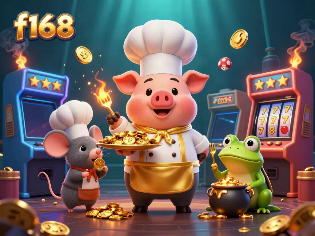 Experience the vibrant f168 casino world with a pig chef serving gold coins and lively game elements