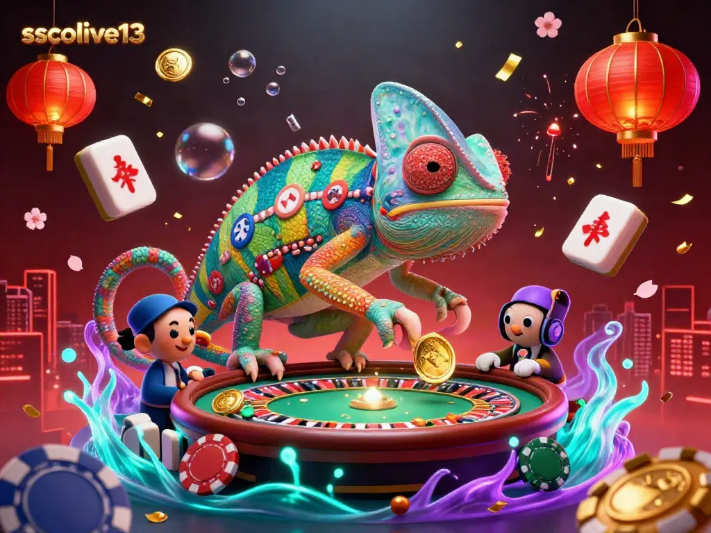 Socolive13 showcases exciting casino elements with a colorful chameleon and dynamic gambling action.