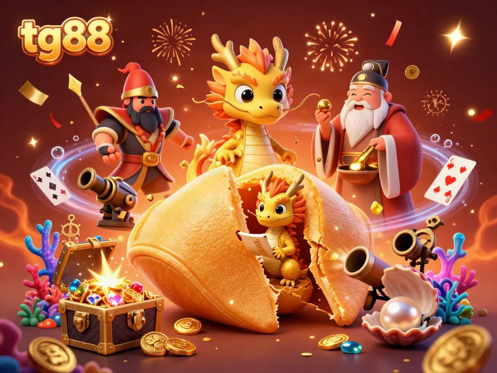 Experience exciting gameplay with tg88 featuring a golden fortune cookie, wise dragon, and vivid casino elements.