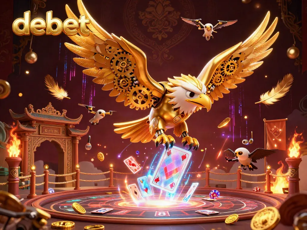 Engage with debet in a vibrant casino scene featuring a cybernetic eagle amidst casino elements.