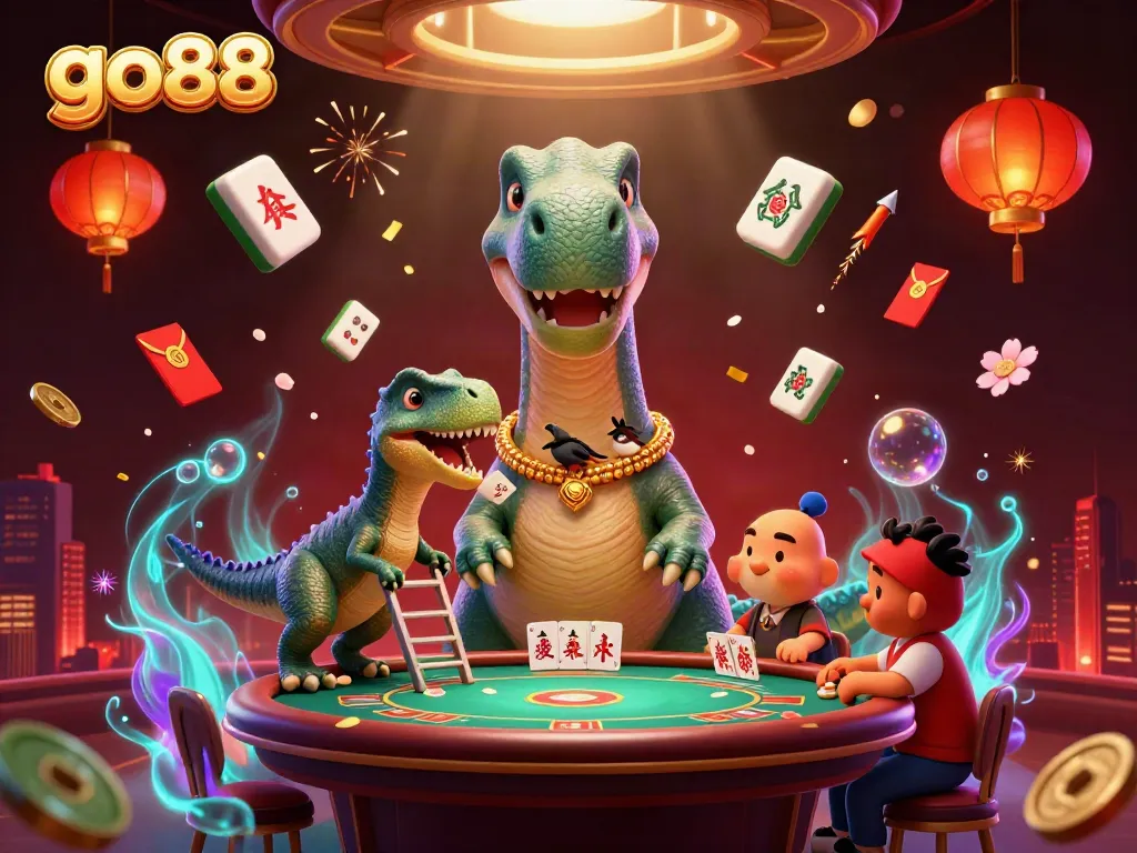 Experience go88 excitement with a dazzling casino scene featuring a giant brontosaurus and clever raptor.