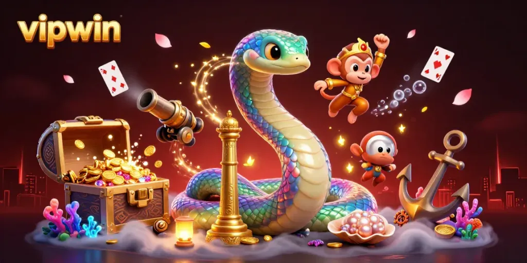 Experience thrilling gameplay with vipwin’s dynamic casino scene, featuring vibrant characters and rich treasures.