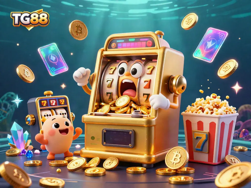 Experience the excitement of TG88 as a golden slot machine celebrates a jackpot, pouring coins into the scene.