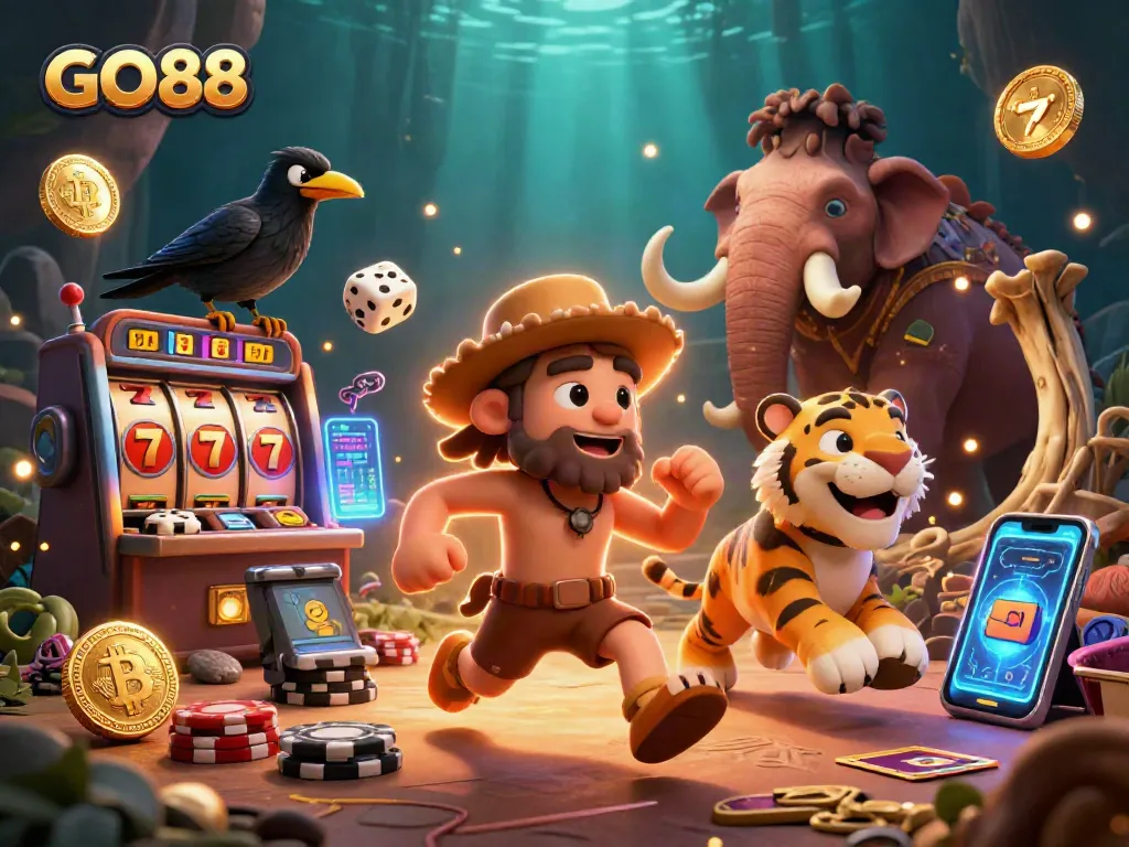 GO88 slots casino illustration showcasing a caveman and sabertooth tiger in dynamic gameplay.