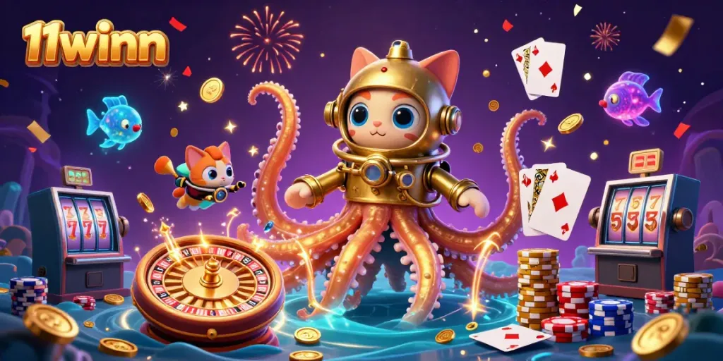 Place bets at 11winn with a vibrant casino scene featuring a kraken and treasure.