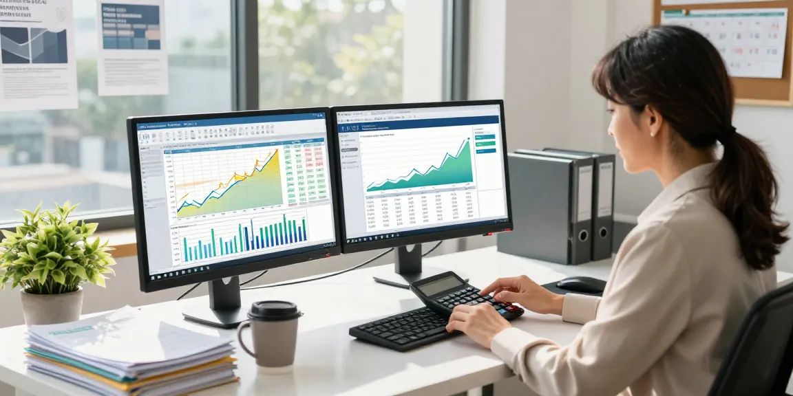 Small business accounting scene with professional accountant analyzing financial data in a modern office.