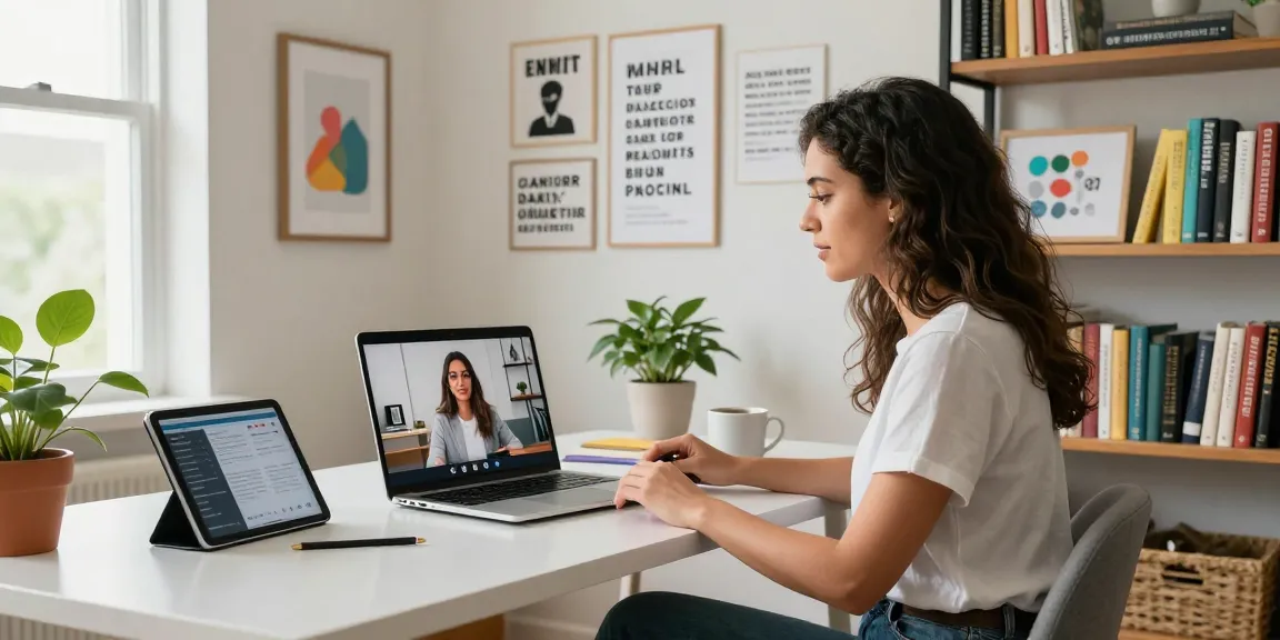 Jaklin Dalir showcasing her personal brand in a modern home office, engaging online audience through vibrant visual elements.