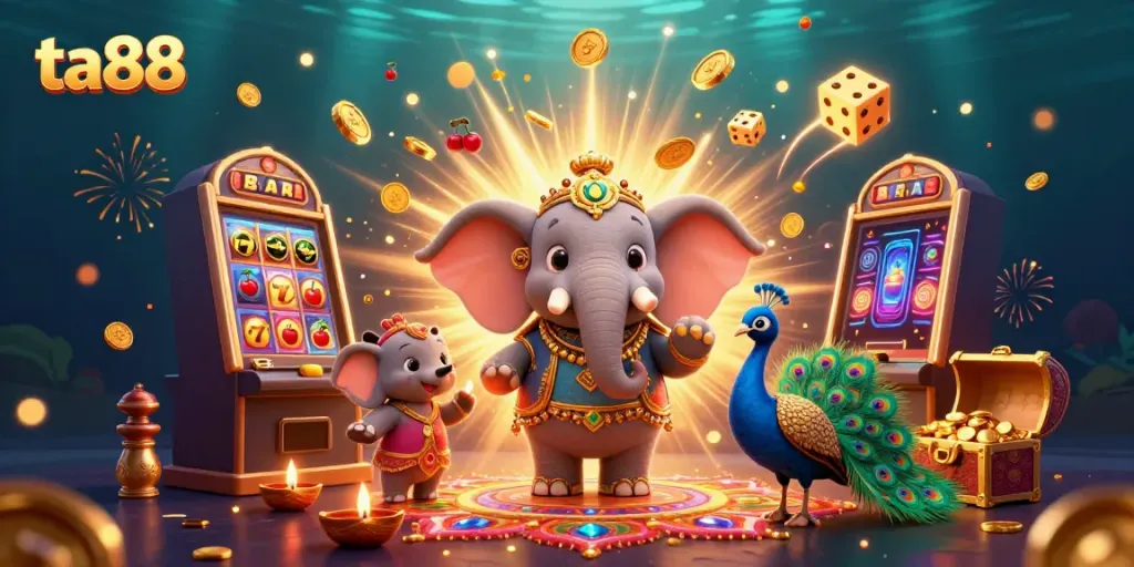 Experience the excitement of ta88 with a vibrant casino-themed illustration featuring a colorful slot machine and dynamic gaming elements.
