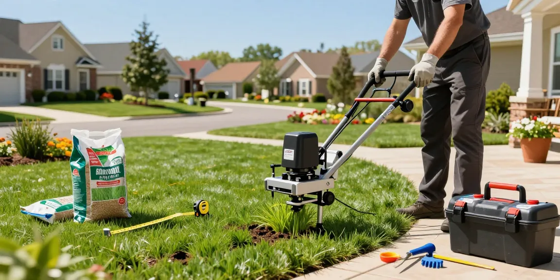 Slit seeding ottawa by a professional technician in a suburban lawn setting.