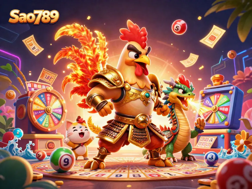 Sao789 promotional illustration featuring a fighting rooster, dragon, and fortune cat amidst vibrant lottery elements.