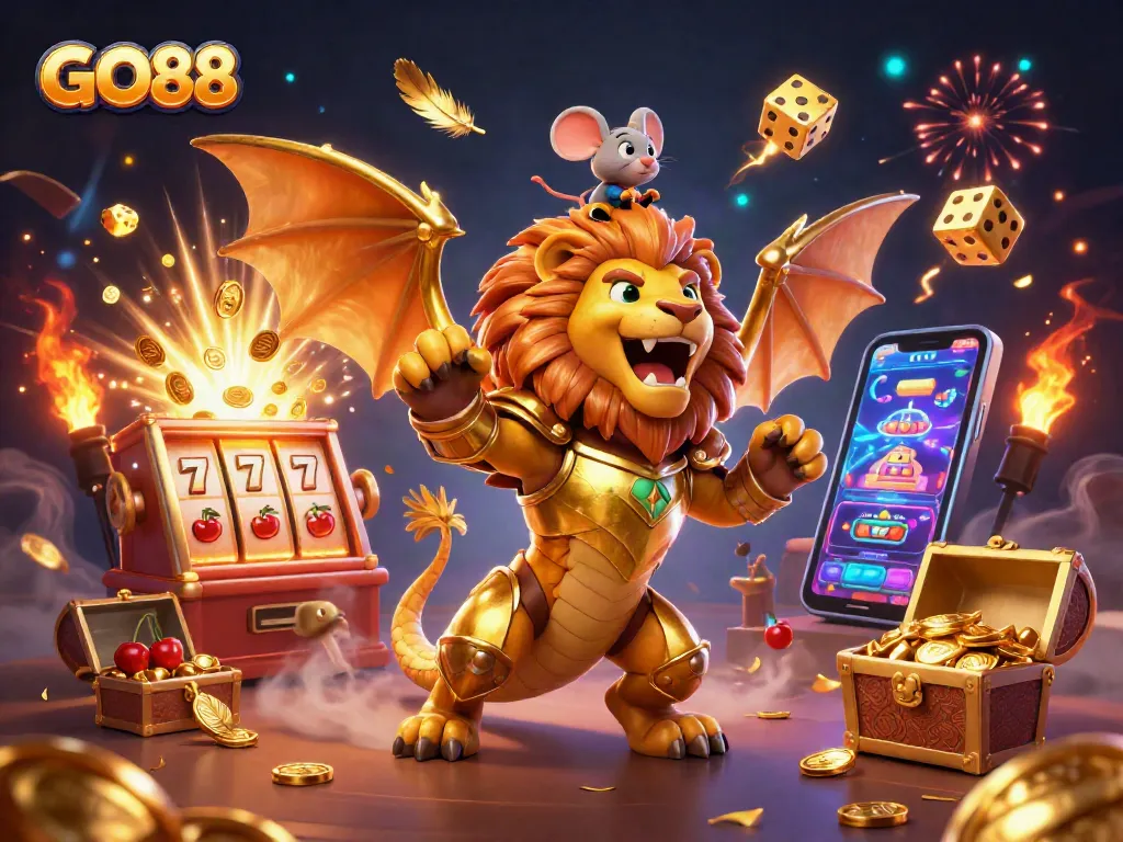 Experience the thrilling jackpot with GO88's golden chimera and casino elements.