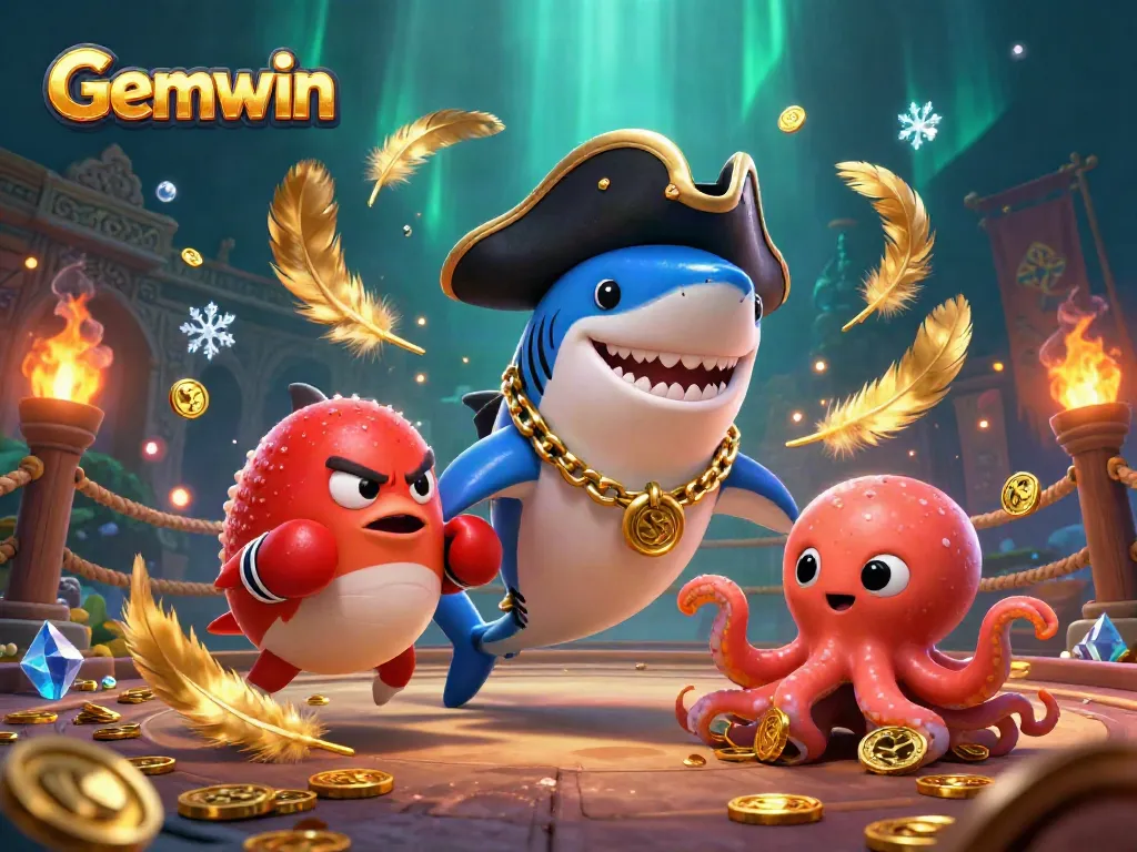 Engage in thrilling adventures with Gemwin, featuring a pirate shark, pufferfish, and octopus amidst dynamic casino elements.