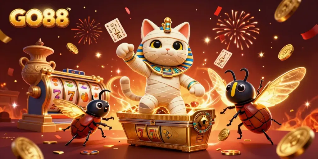 Experience the thrill of GO88 in a vibrant, dynamic casino scene with Egyptian-themed characters.