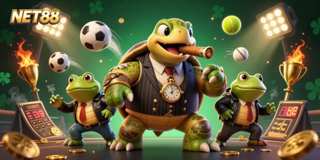 Experience NET88 sports action featuring a colorful mobster turtle and bullfrogs amidst dynamic casino elements.