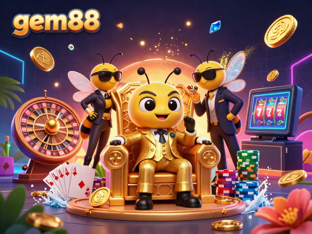 Experience thrill at gem88 with an ultra-detailed illustration of vibrant casino elements and characters.