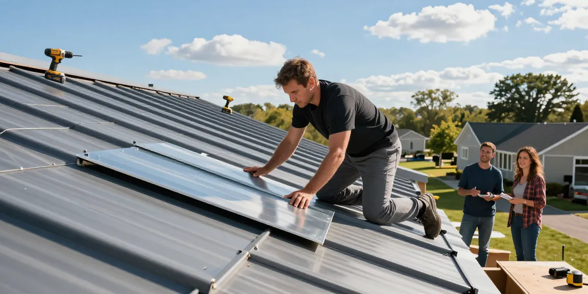 MRoof technician installing durable metal roofing on a residential home.