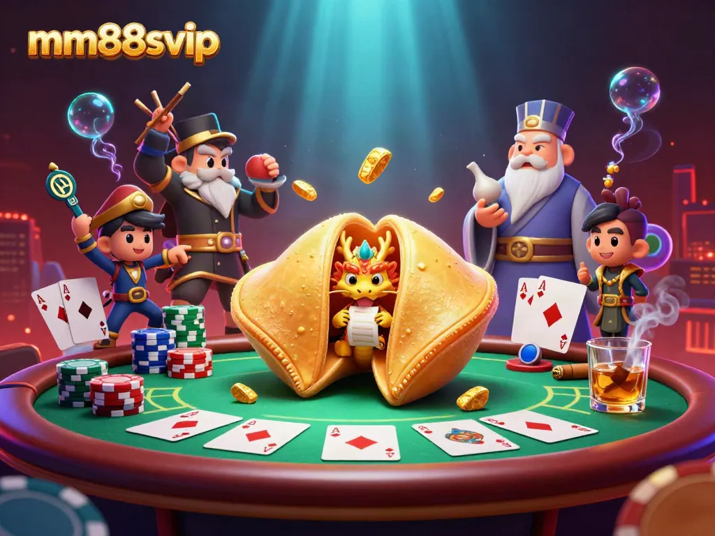 Engage with the vibrant mm88svip casino scene showcasing a golden fortune cookie and poker elements.