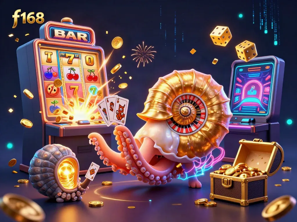 Engage with f168's thrilling 3D casino experience featuring a nautilus roulette wheel and slot machine bursts.