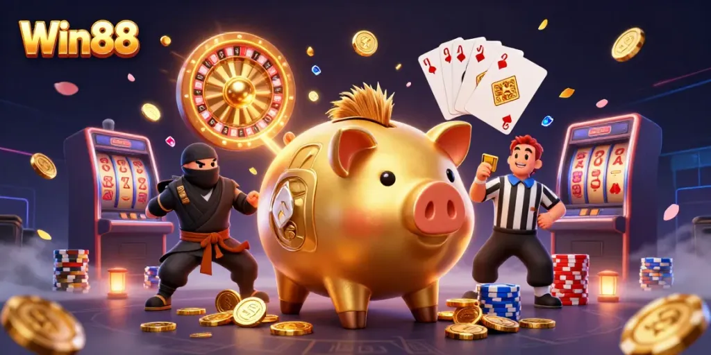 Win88 features a vibrant 3D illustration of a golden piggy bank battling a ninja while coins and gems fly around.