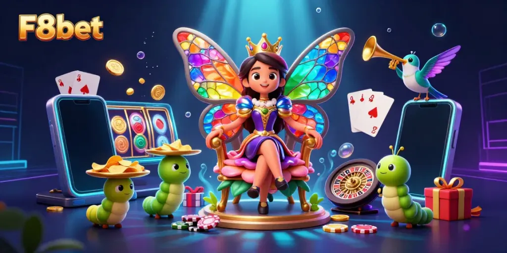 Experience thrilling excitement at F8bet's vibrant gaming scene with dynamic characters and rich casino elements.