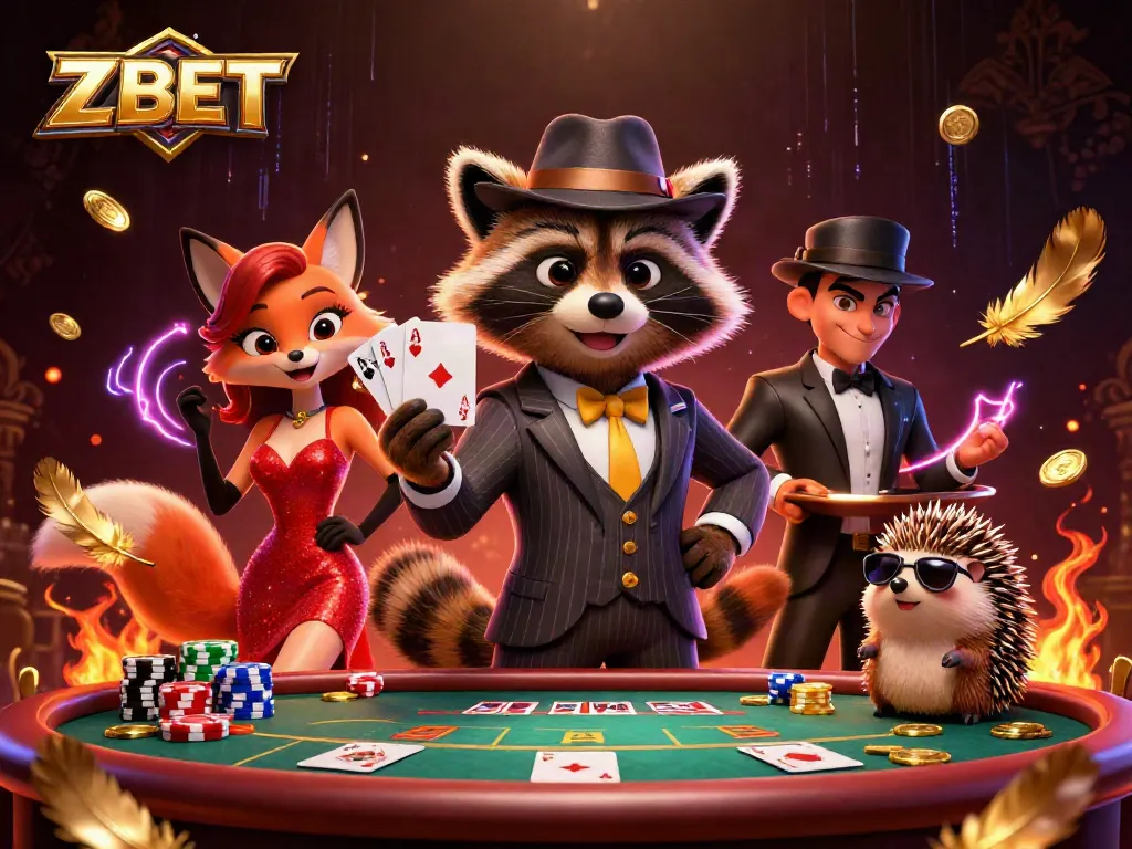 ZBET poker scene featuring a suave raccoon, a fox lady, and a hedgehog, celebrating with chips and cards