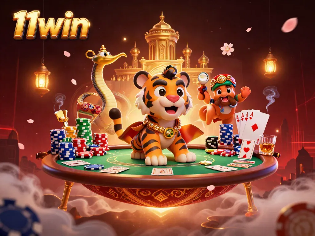 Experience the thrill of 11win with a vibrant Arabian-themed casino scene featuring a sultan and poker elements.