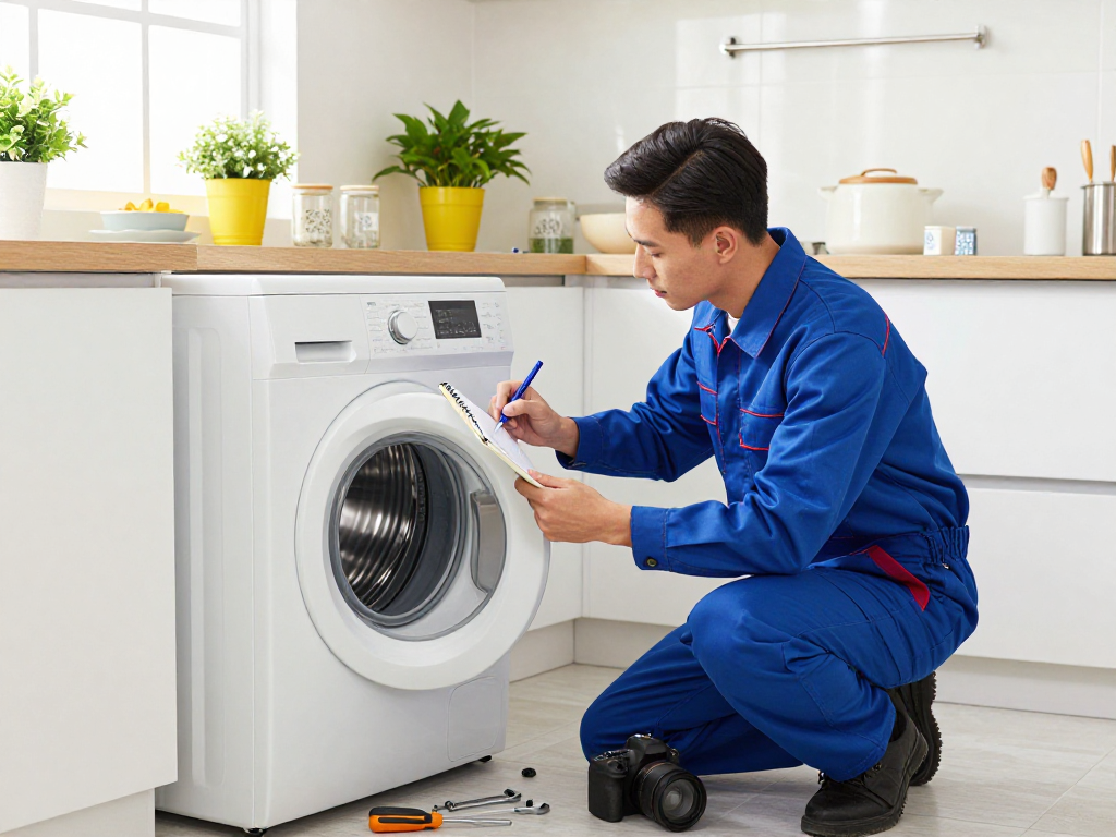 Technician performing appliance repair on a washing machine in a bright kitchen.