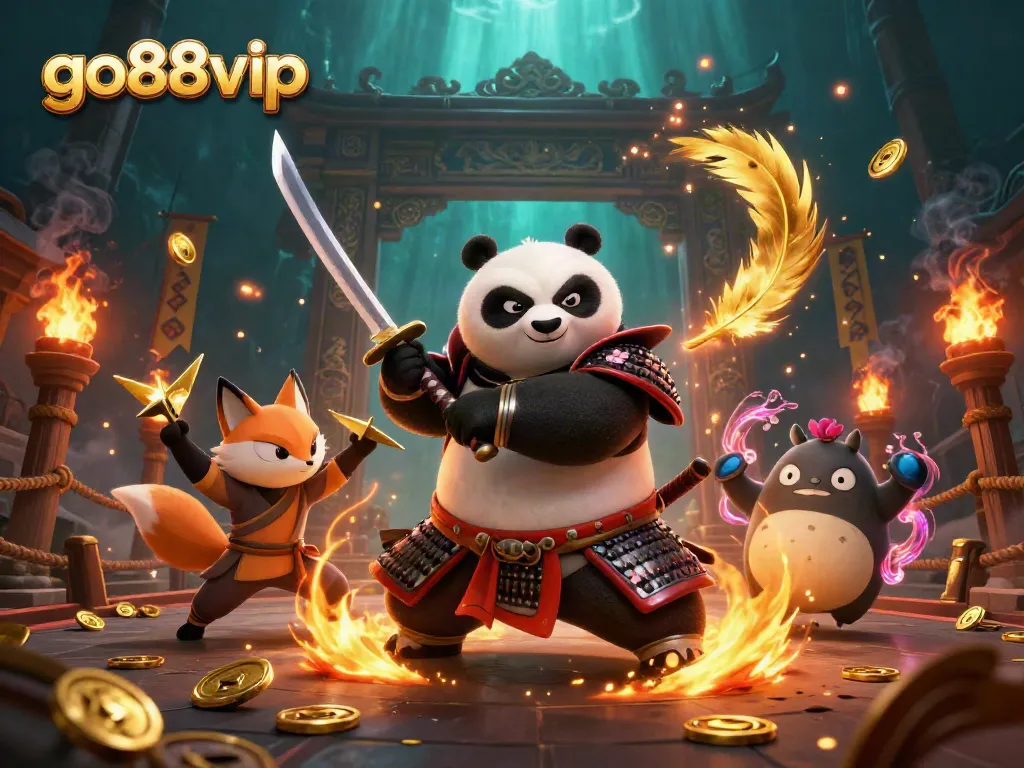 Engage with go88vip through a vivid scene featuring samurai panda and ninja fox in an immersive casino battle.