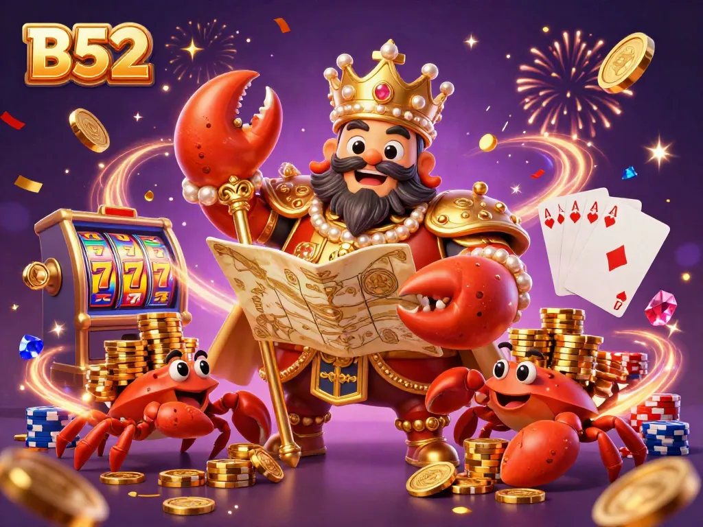 B52-themed 3D digital illustration showcasing a golden crab emperor at a vibrant casino scene filled with games and prizes.