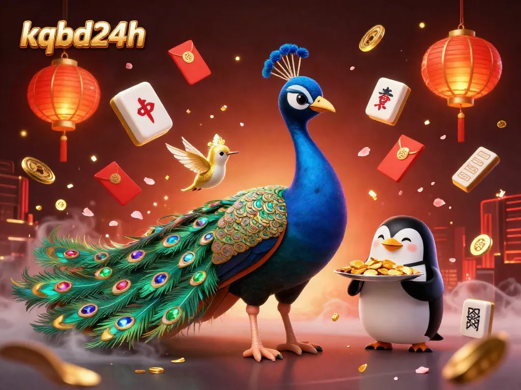 Engage with kqbd24h for exciting visuals of a peacock, penguin, and hummingbird surrounded by vibrant casino elements.