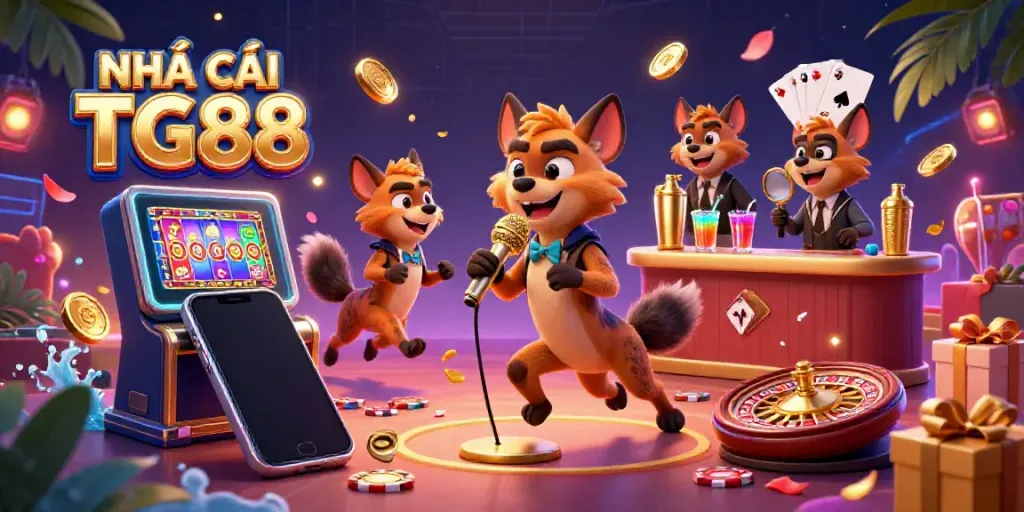 Experience the excitement at NHÀ CÁI TG88 with playful hyenas in a colorful casino.