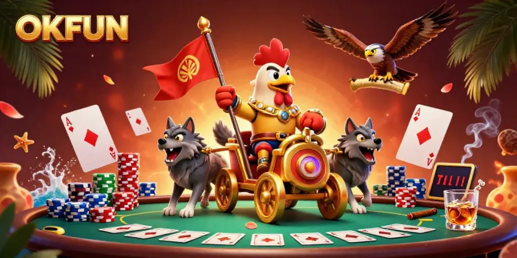 Engage in thrilling poker action with OKFUN's cartoon illustration featuring a rooster warlord and poker games.