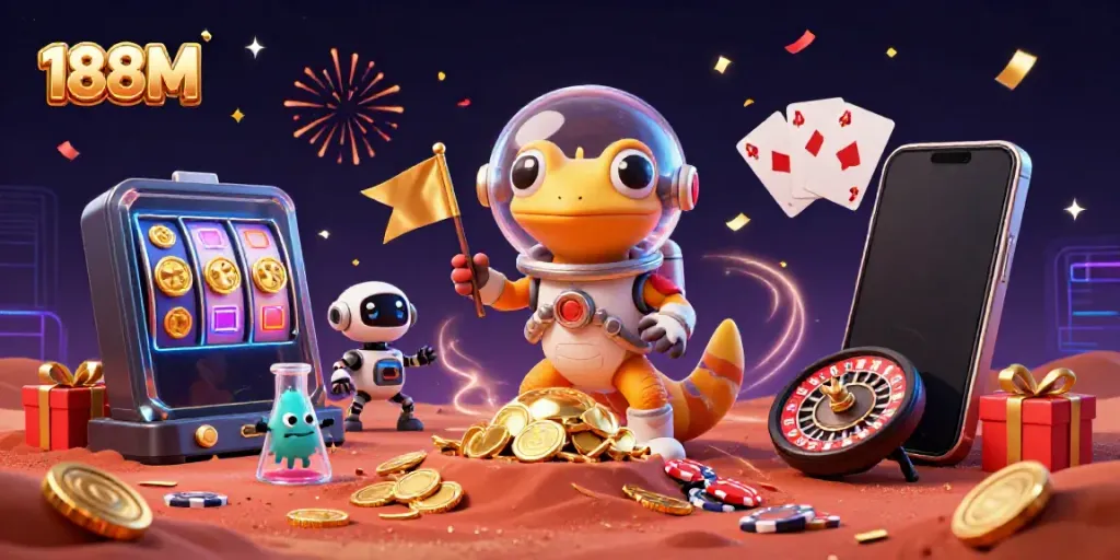 Experience thrilling fun with the 188M casino featuring colorful slot games, vibrant golden coins, and animated characters.