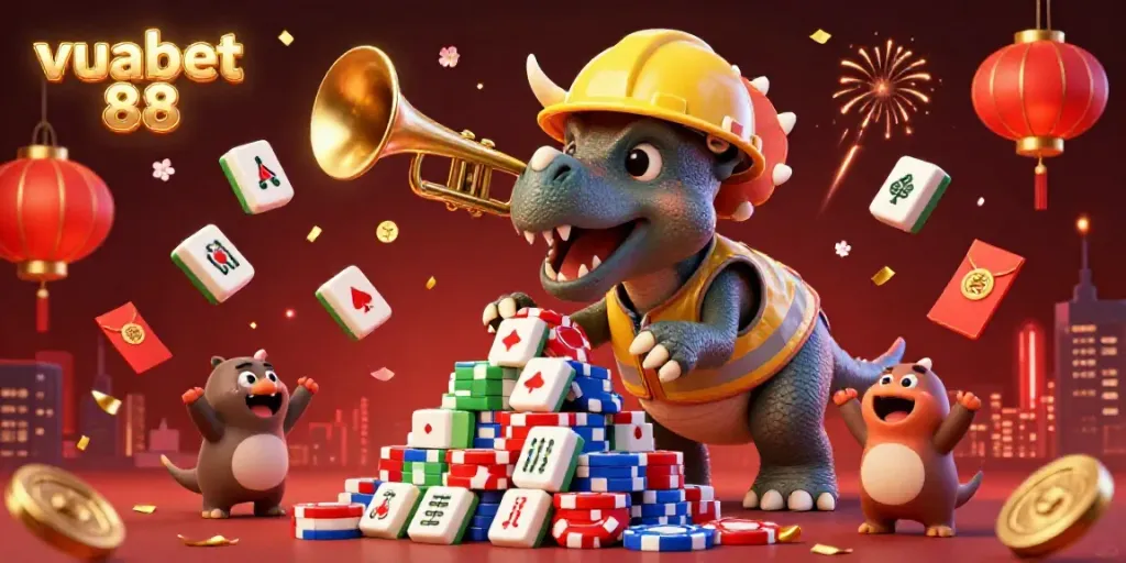 Win big with vuabet 88 in this vibrant casino scene featuring playful characters celebrating with poker chips.