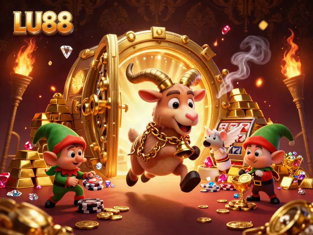 LU88 casino scene features Krampus goat, angel mouse, and gremlins amid slot reels and gold bars.
