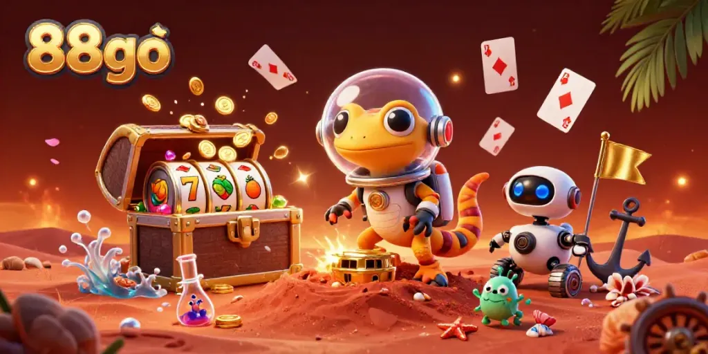 Engage in thrilling casino adventures with 88go, featuring playful Martian gecko and vibrant slot games.