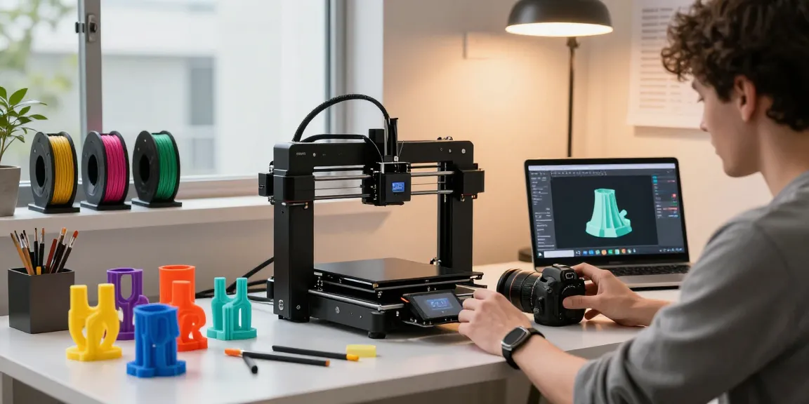 Excited user exploring the best beginner 3D printer, SPARKX i7, in a modern workspace filled with prototypes and tools.