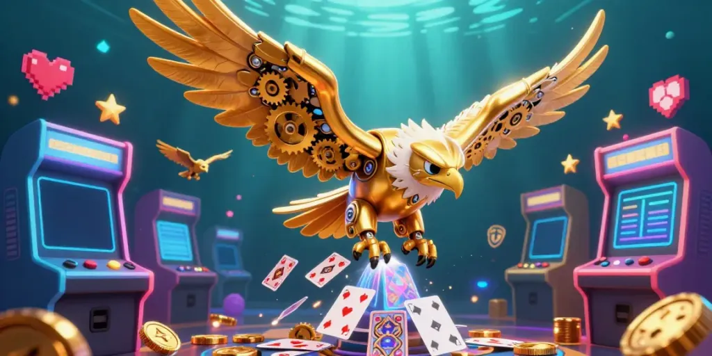 Experience the excitement of BK8 with a dynamic 3D illustration featuring a golden eagle amid holographic gaming elements.